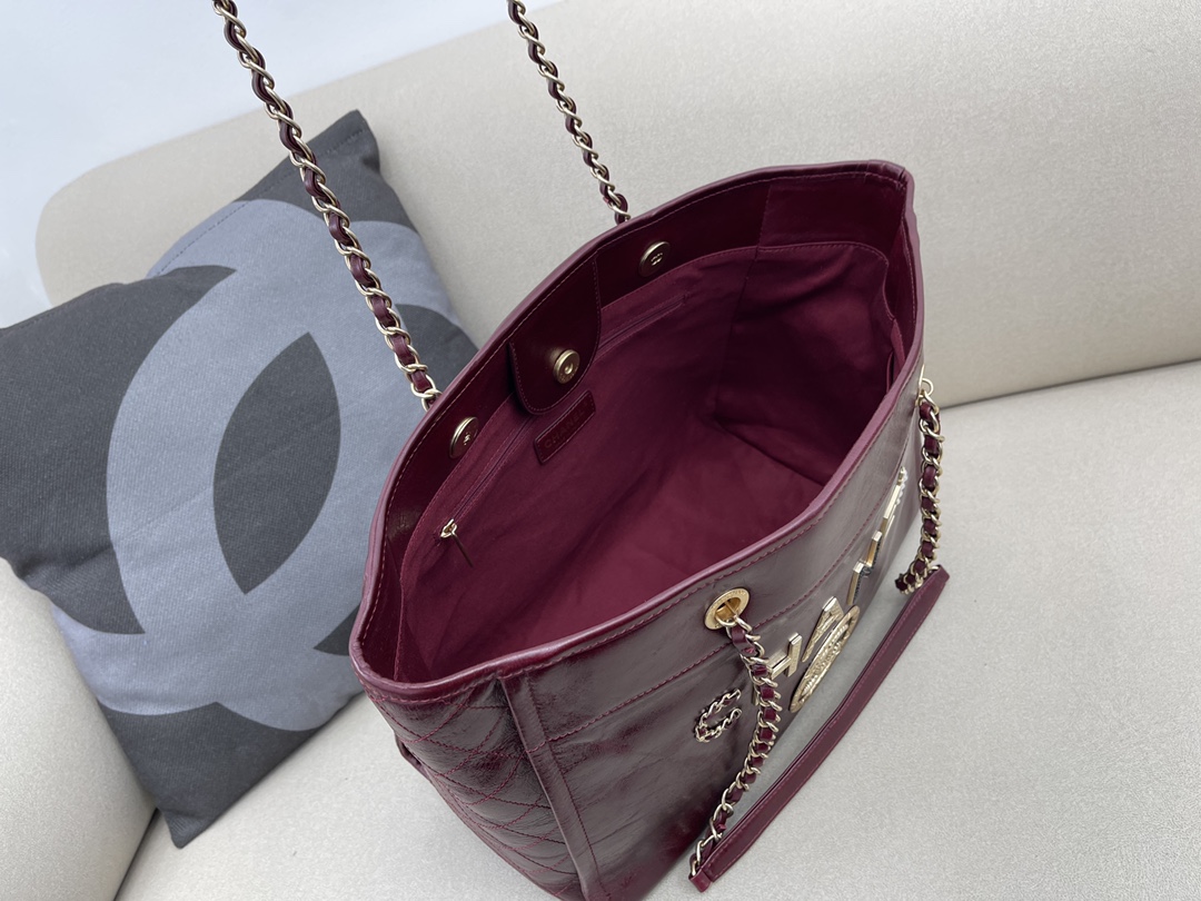 Calfskin Small Shopping Shoulder Bag Tote Bag AS3257 Burgundy 